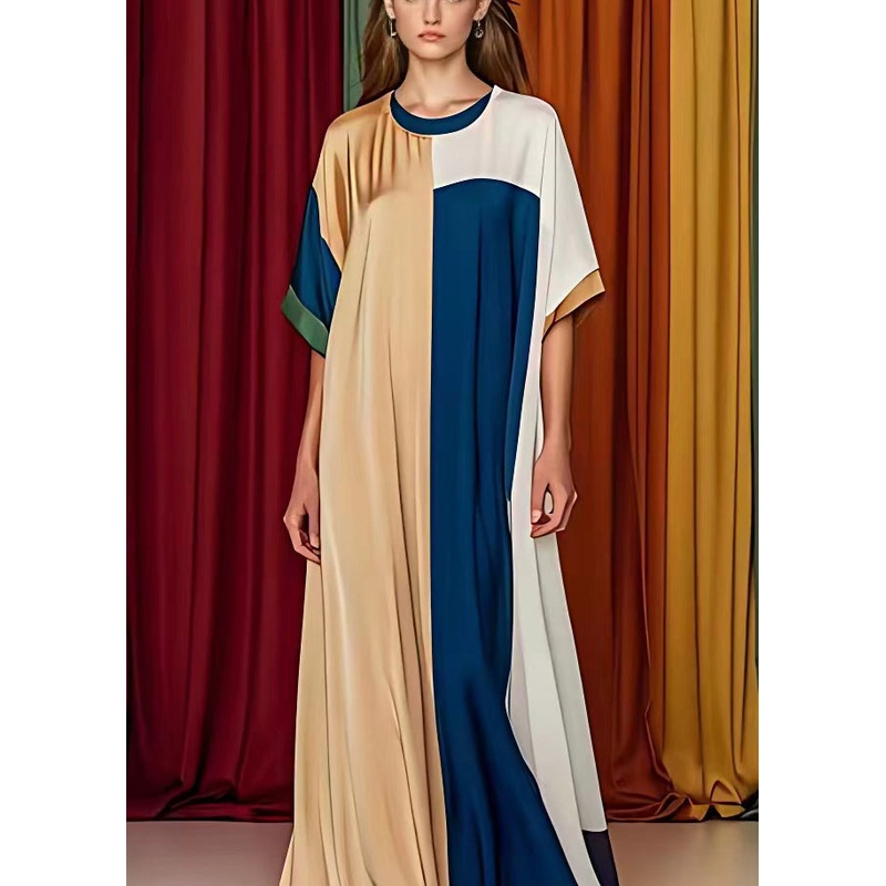 French Khaki Asymmetrical Patchwork Silk Dresses Half Sleeve