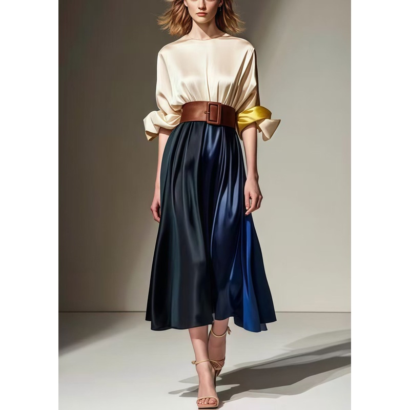 French Khaki Cinched Patchwork Silk Holiday Dress Spring