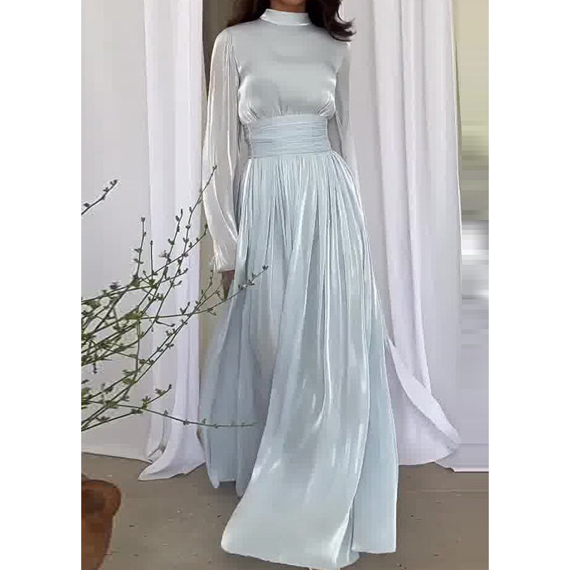 French Light Blue Wrinkled Patchwork Silk Long Dresses Spring