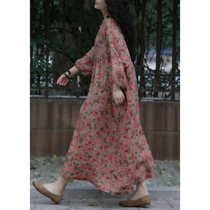 French O-Neck Print Wrinkled Cotton Dresses Spring