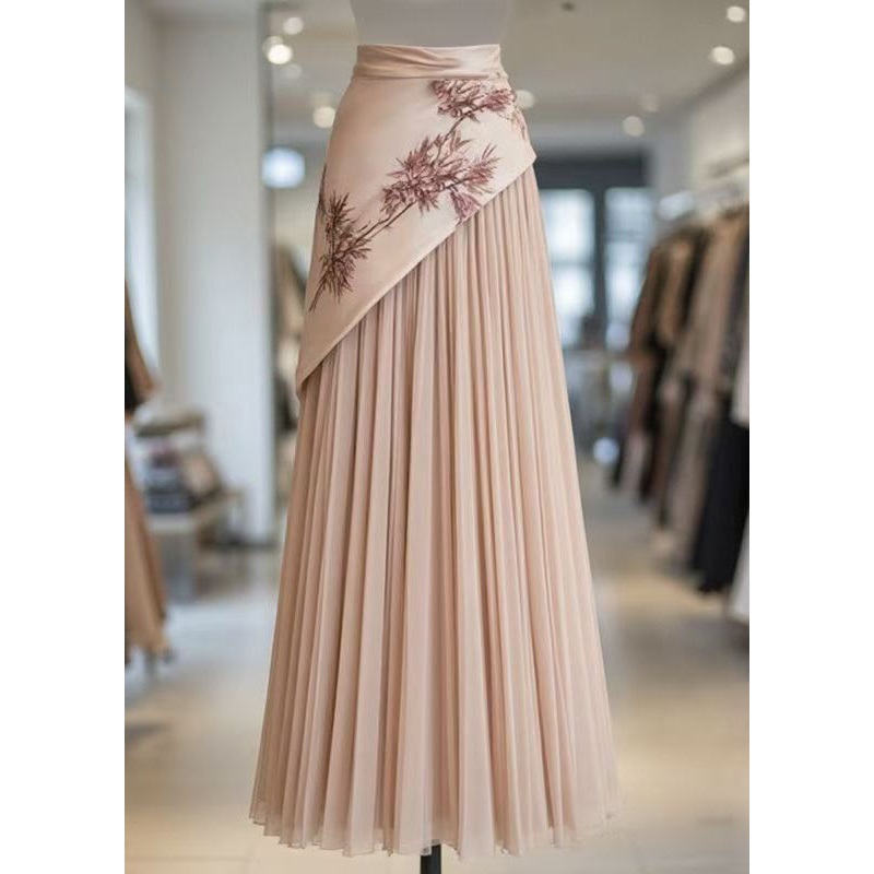French Pink Asymmetrical Print Chiffon Patchwork Skirts Summer