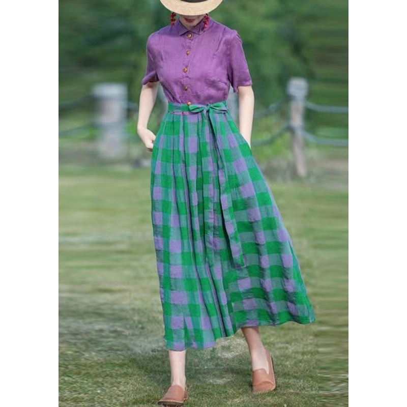 French Purple Plaid Lace Up Patchwork Cotton Long Dress Summer