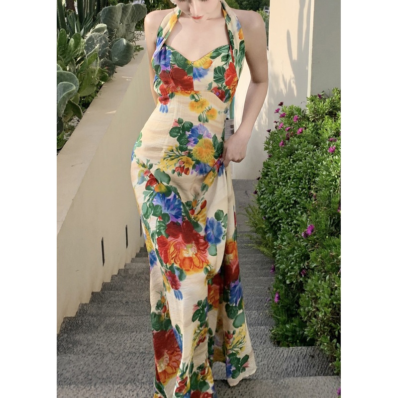 French Slim Fit Halter Lace Up Printed Backless Dress