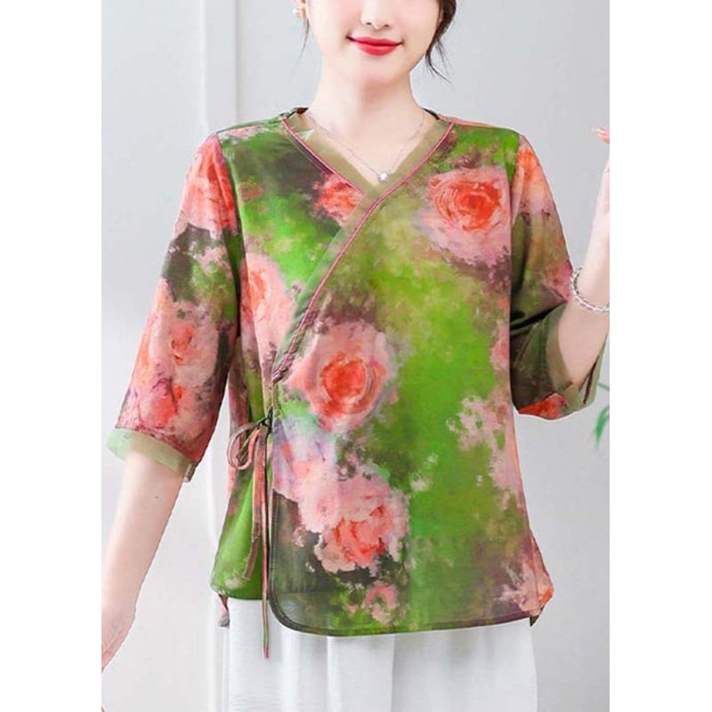 Green Lace Up Linen Blouses V Neck Summer