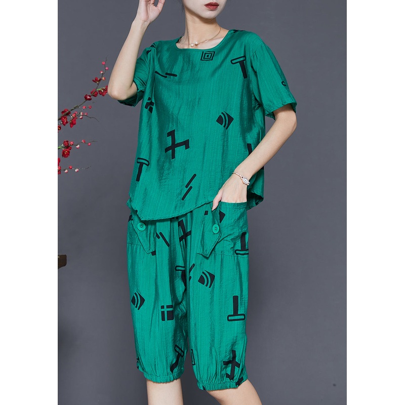 Green Print Linen Two Pieces Set Asymmetrical Summer