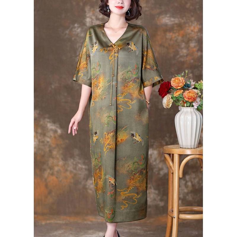 Green Print Pockets Silk Dresses V Neck Half Sleeve