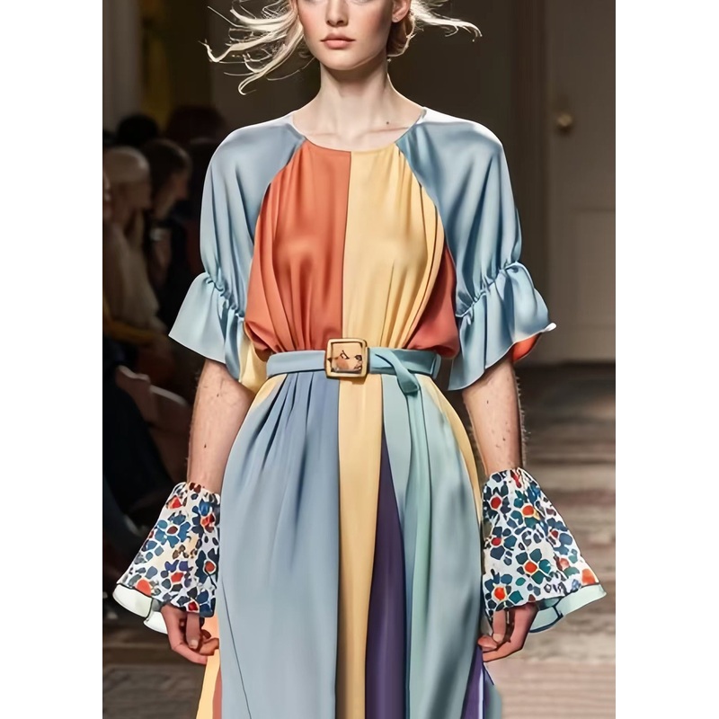 Grey Patchwork Silk Vacation Dresses Cinched Summer