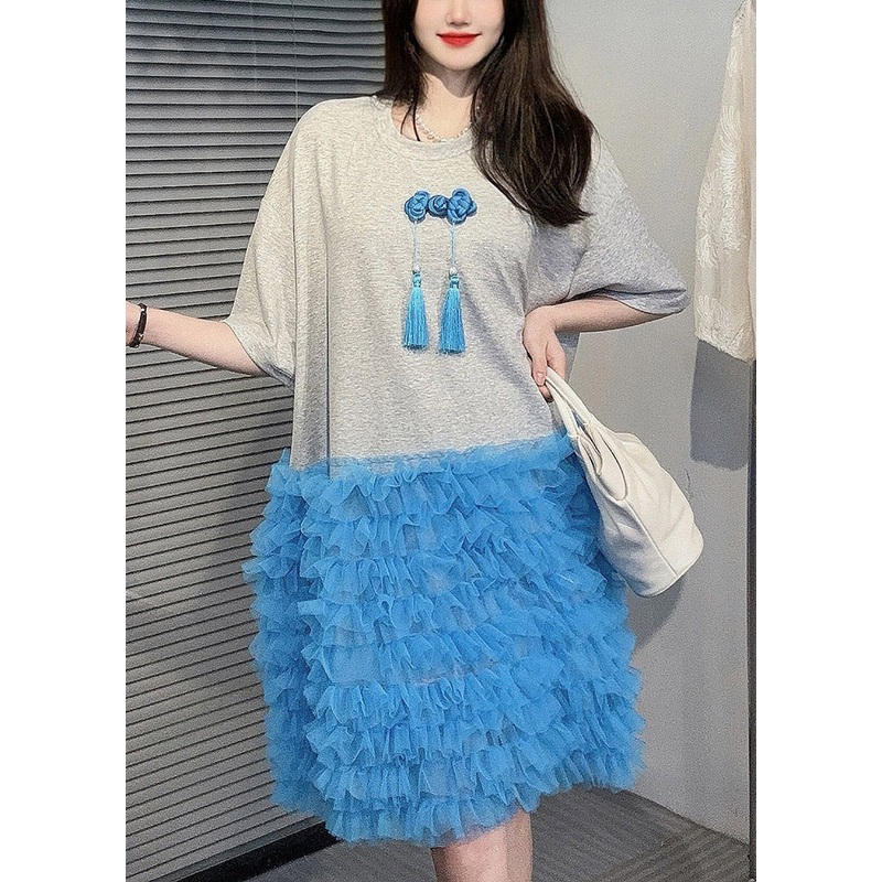 Grey Tasseled Tulle Patchwork Dress O Neck Half Sleeve