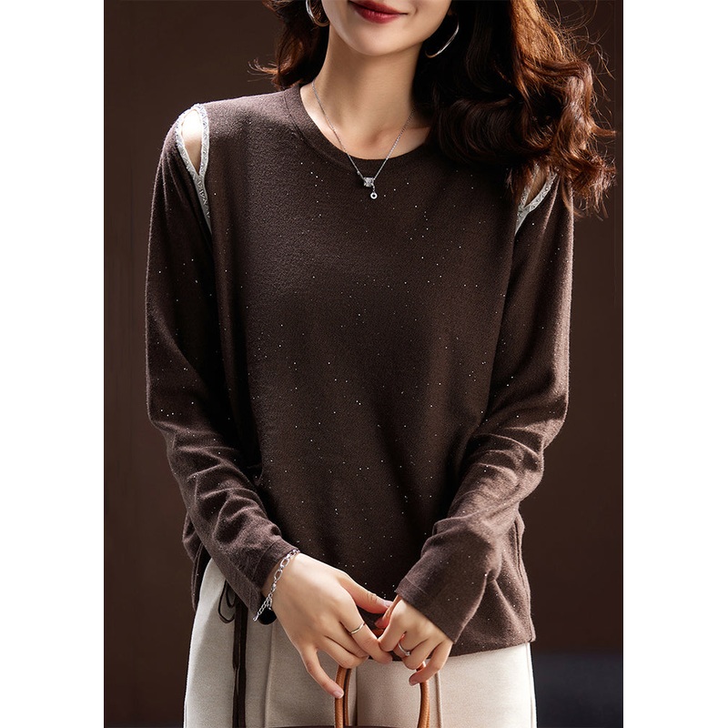 Handmade Coffee Drawstring Nail Bead Knit Top Spring