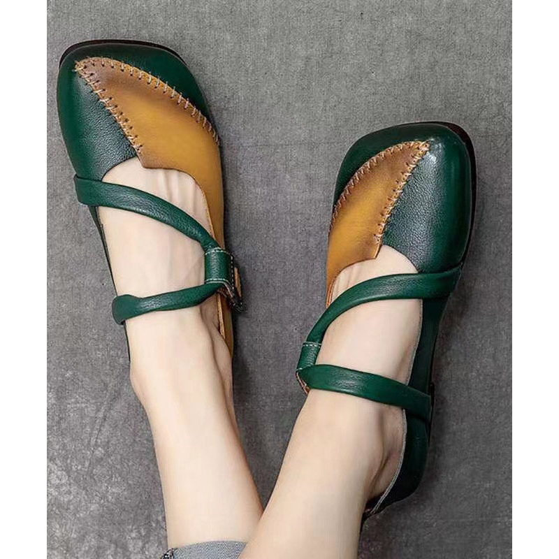 Handmade Green Splicing Buckle Strap Flat Shoes