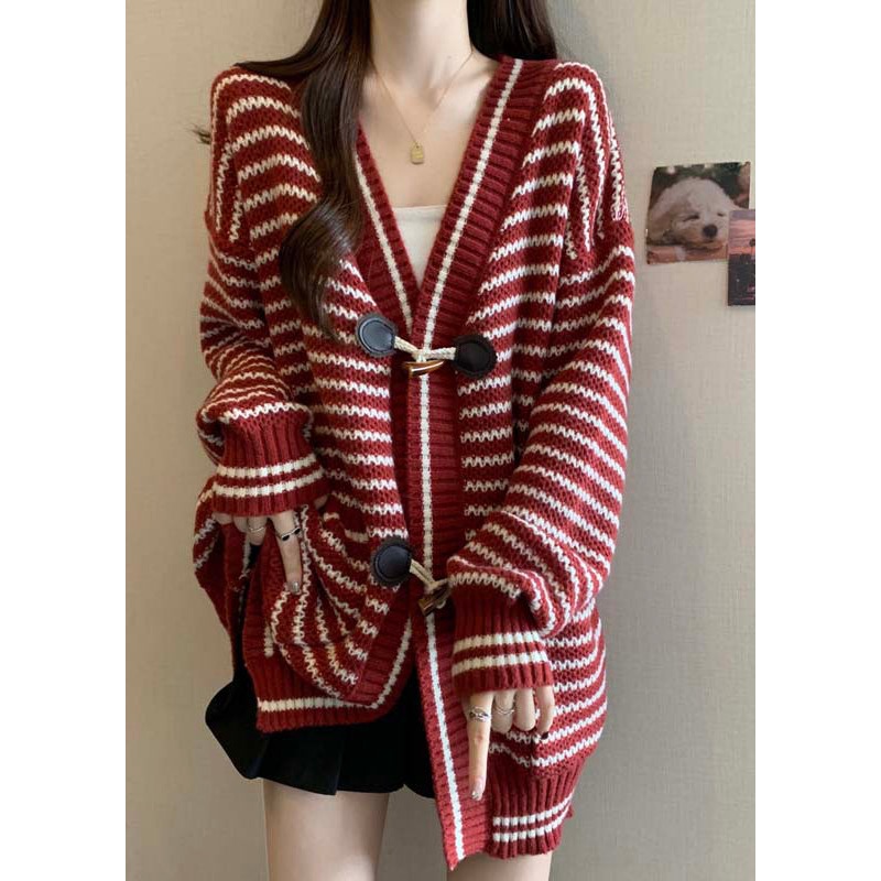 Handmade Red V Neck Striped Knit Cardigan Winter