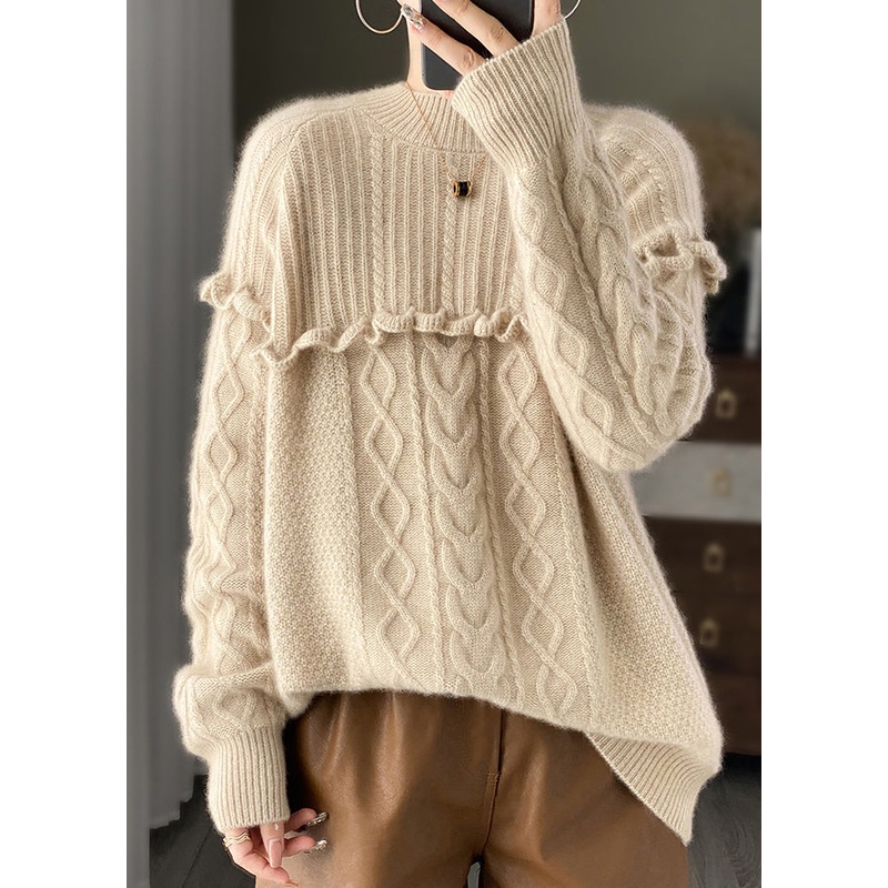 Italian Beige O Neck Ruffled Patchwork Woolen Knit Sweater Spring