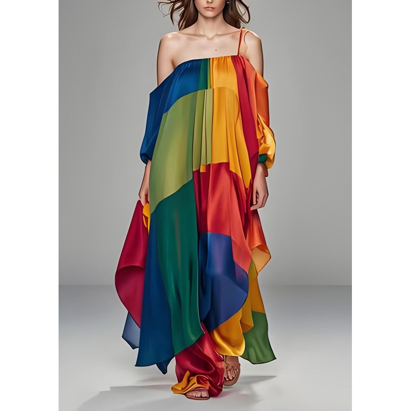 Italian Colorblock One Shoulder Asymmetrical Design Silk Dress Sleeveless