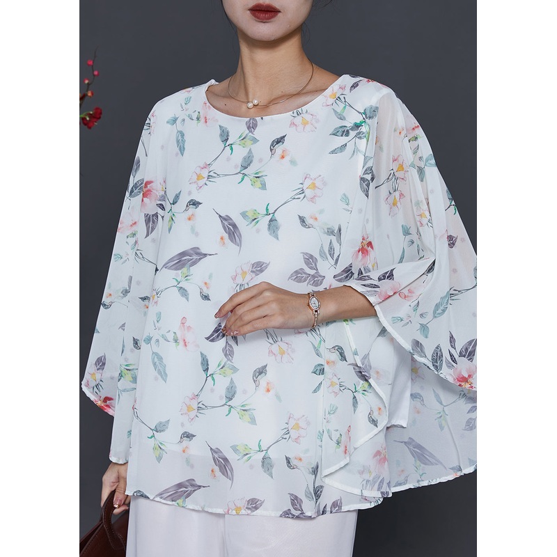 Italian White Print Draping Chiffon Top Summer