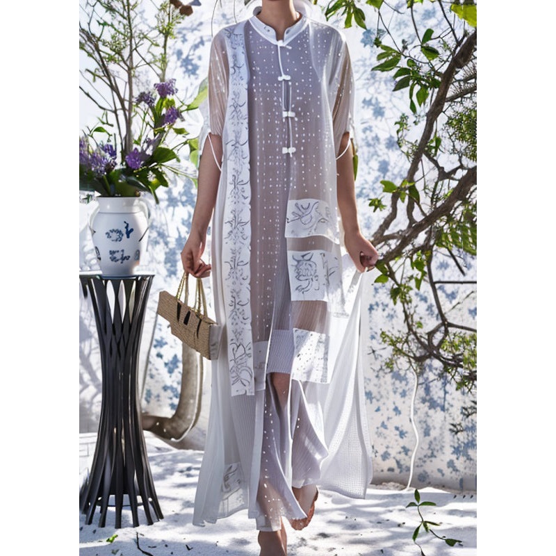 Italian White Stand Collar Button Patchwork Silk Maxi Dresses Summer