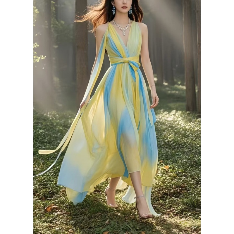 Italian Yellow Cinched Tie Dye Chiffon Cami Dress Summer
