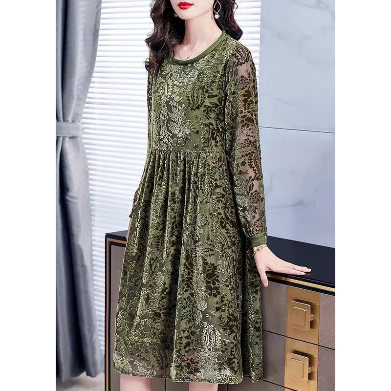 Jacquard Army Green O-Neck Lace Up Silk Velour Dress Long Sleeve