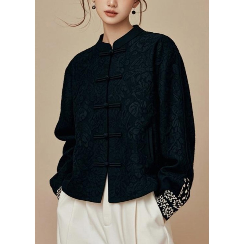 Jacquard Black Stand Collar Solid Cotton Coats Fall