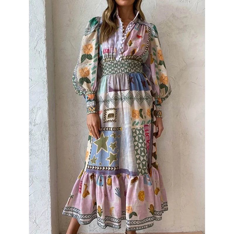 Lantern Cinch Waist Quilted Print Midi Dress Long Sleeve