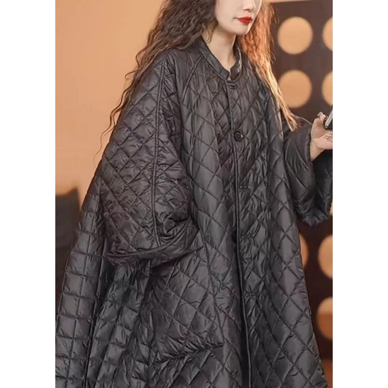 Loose Black O-Neck Plaid Patchwork Button Pockets Parka Winter