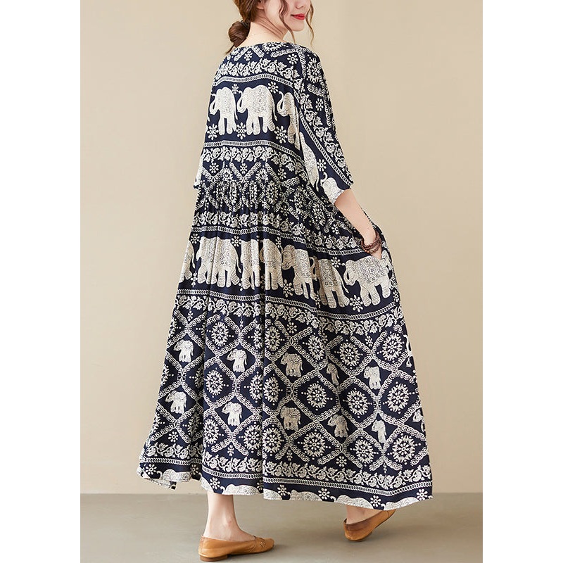 Loose Black O-Neck Print Maxi Dress Half Sleeve