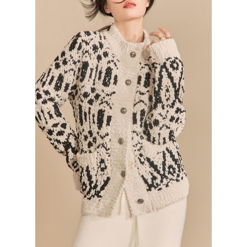 Loose Black Print Button Cotton Knit Cardigan Winter