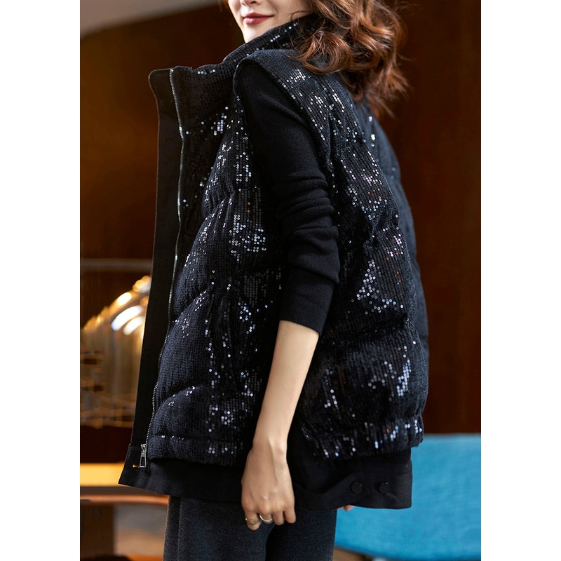 Loose Black Zippered Sequins Duck Down Waistcoat Sleeveless