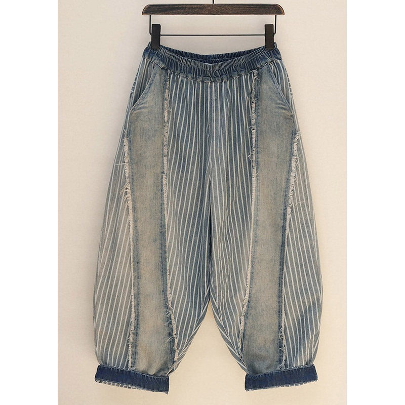 Loose Blue Striped Patchwork Denim Crop Pants Spring