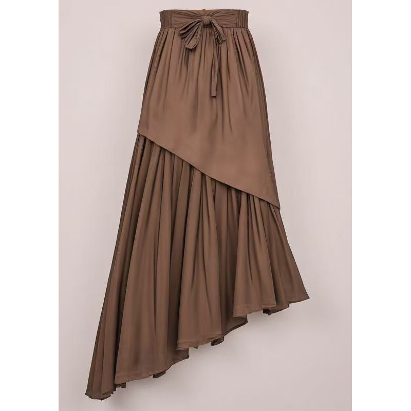 Loose Coffee Lace Up Wrinkled Cotton Skirt Summer