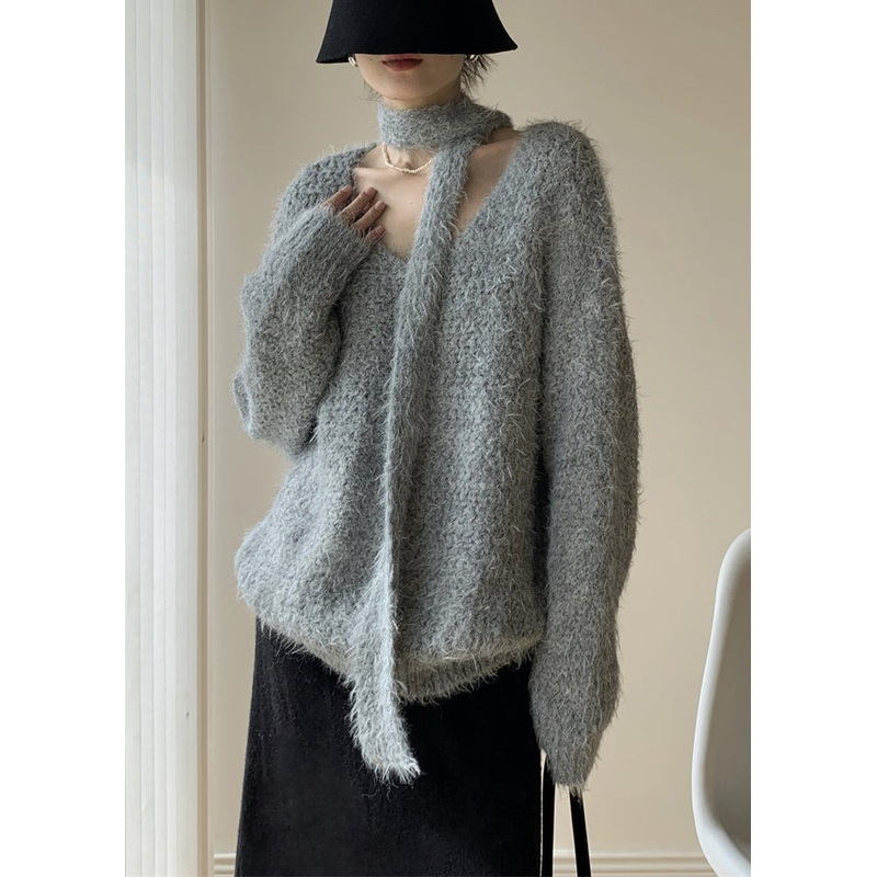 Loose Grey Scarf Hollow Out Cotton Knit Sweaters Winter