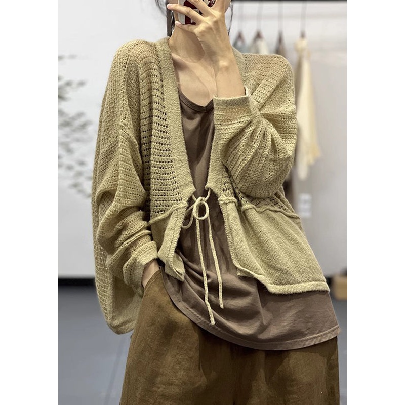 Loose Khaki Lace Up Patchwork Cotton Knit Coats Fall