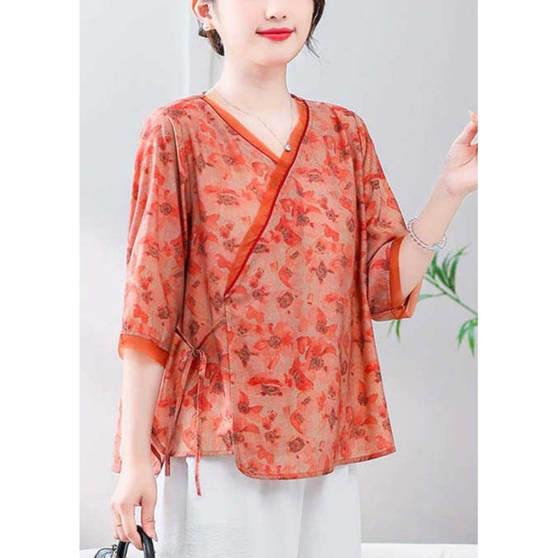 Loose Orange V Neck Print Linen Shirt Half Sleeve