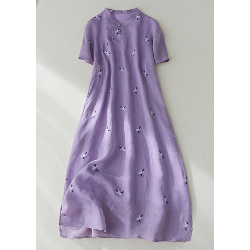 Loose Purple Embroidered Button Pockets Cotton Dress Summer