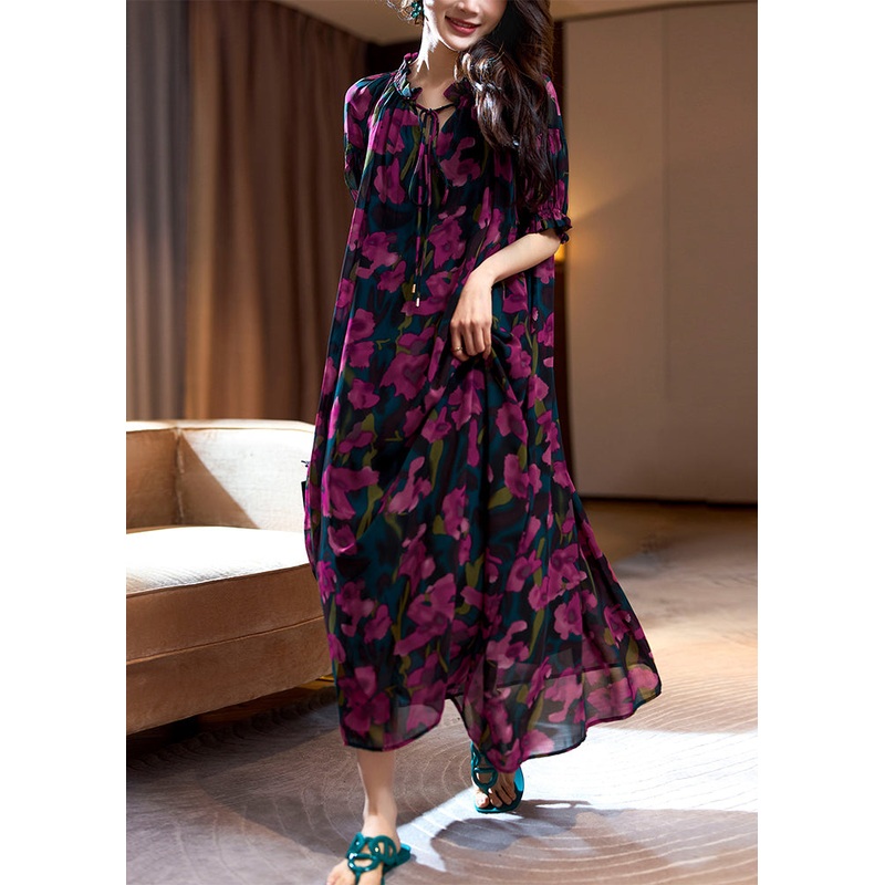Loose Purple Print Ruffled Lace Up Chiffon Long Dresses Summer