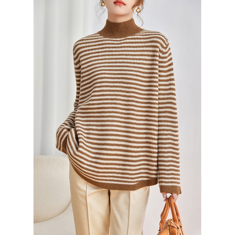 Modern Khaki High Neck Striped Knit Pullover Winter
