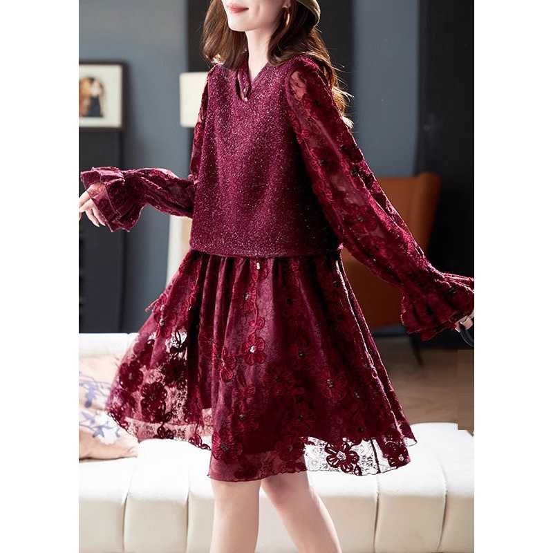 Modern Red O-Neck Patchwork Fake Two Pieces Long Dresses Spring