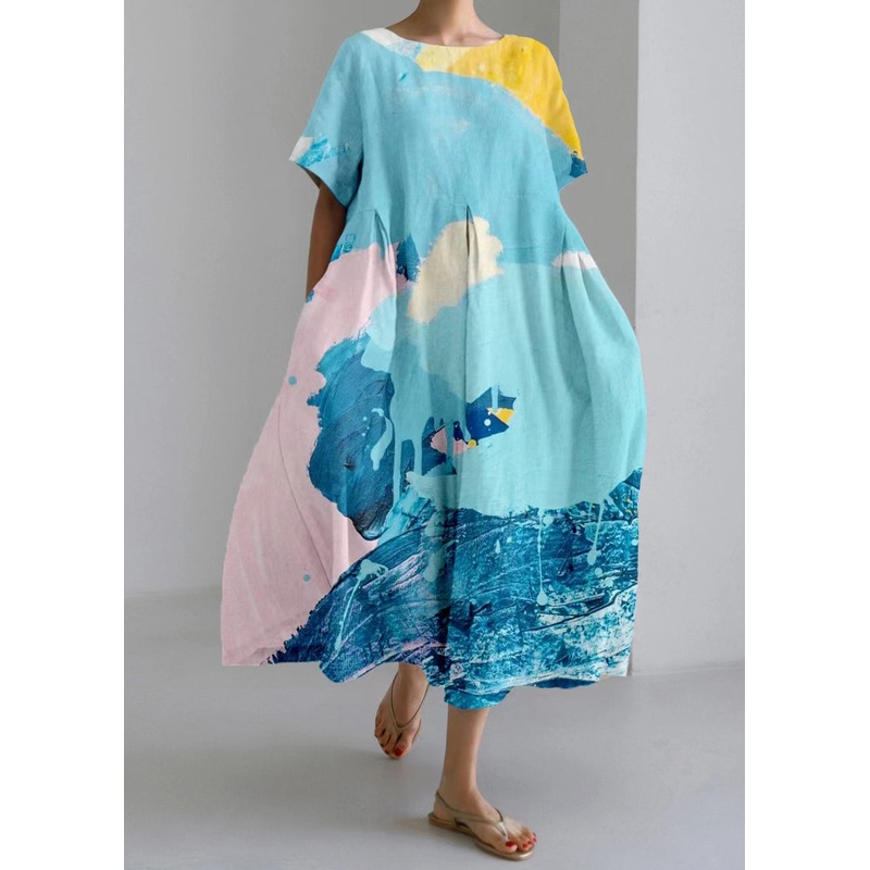 Natural Blue O-Neck Print Long Dress Short Sleeve