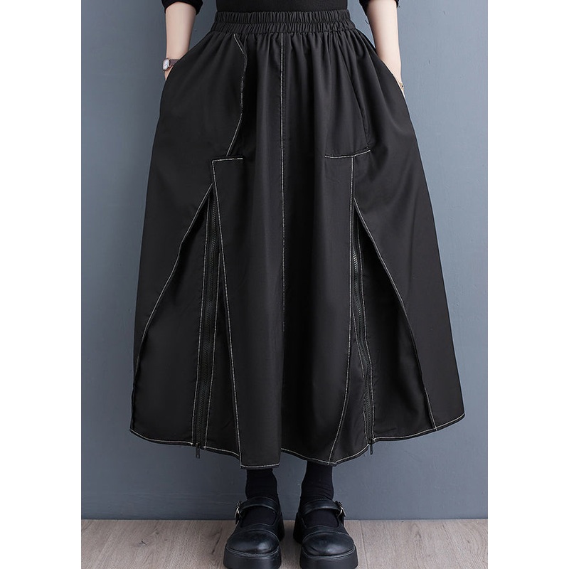 New Black Zippered Pockets Elastic Waist Cotton Skirts Fall