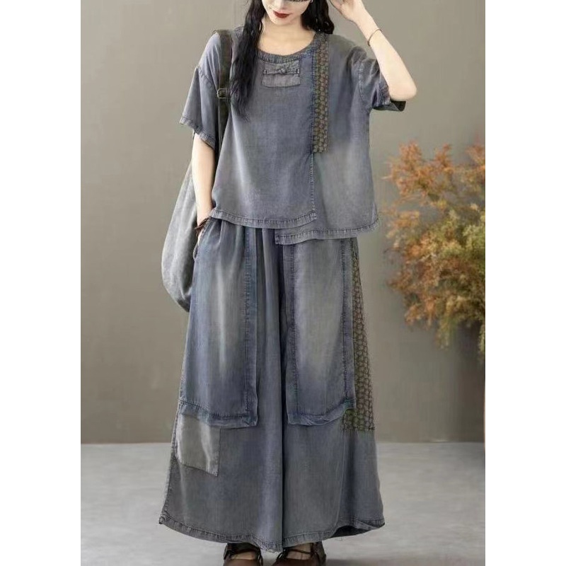 New Blue Pockets T Shirt And Wide Leg Pants Denim Two Pieces Set Summer