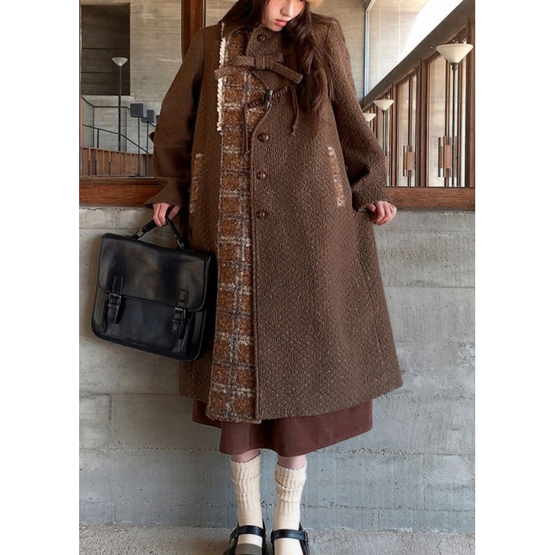 New Brown Peter Pan Collar Pockets Patchwork Woolen Coat Winter