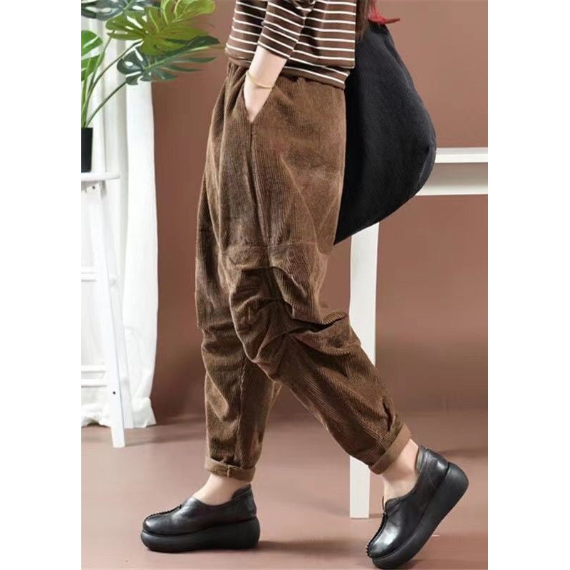 New Brown Wrinkled Pockets High Waist Corduroy Harem Pants