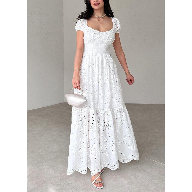 New French White Square Neck Hollow Out Long Dress Puff Sleeve
