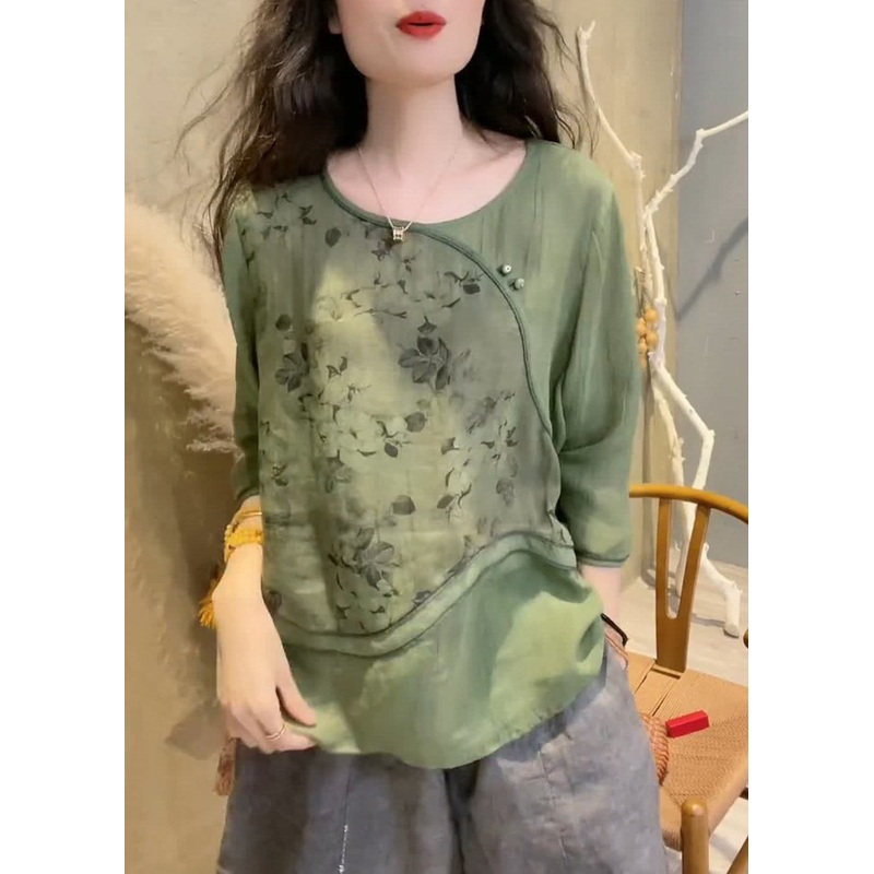 New Green O Neck Print Cotton Blouses Bracelet Sleeve