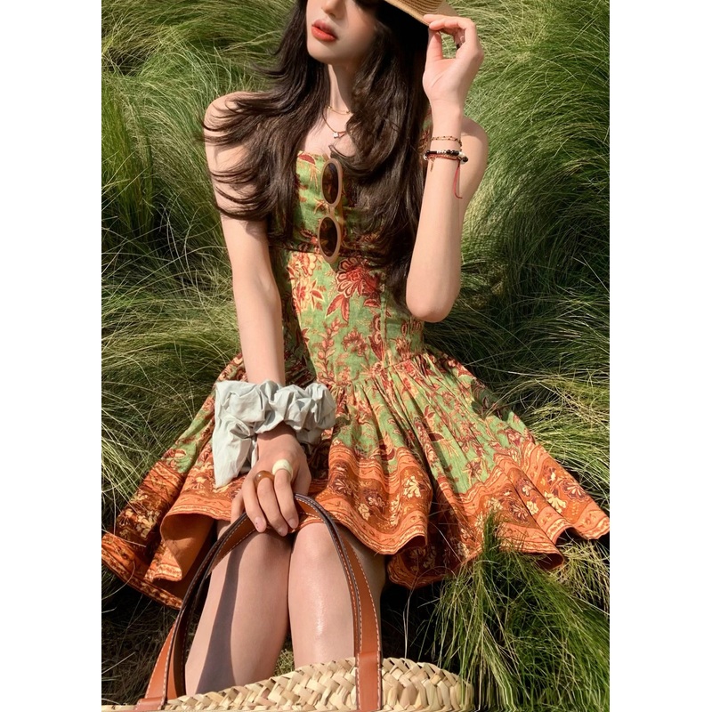 New Green Wrinkled Print Cotton Spaghetti Strap Dress Summer