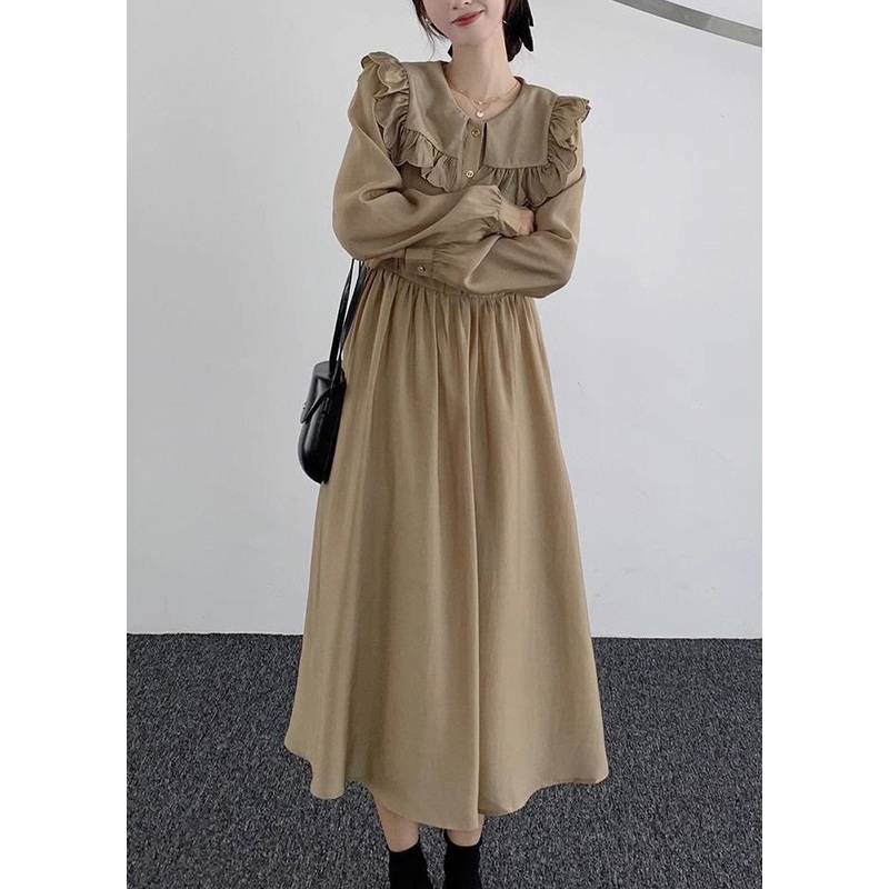 New Khaki Ruffled Button Cotton Long Dresses Spring