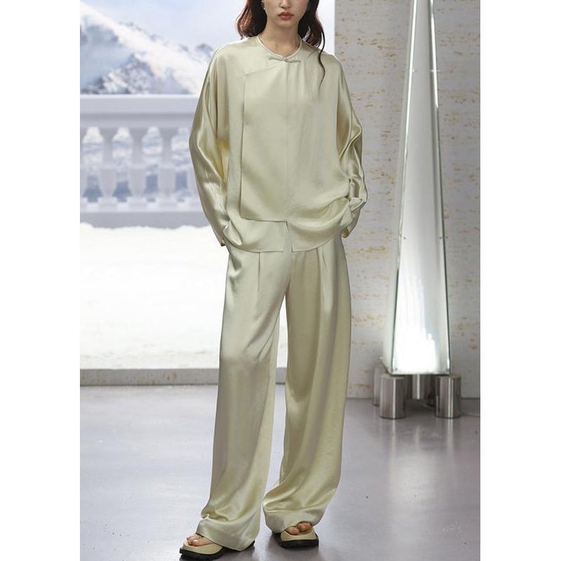 New Light Green O-Neck Button Silk Pajamas Two-Piece Set Long Sleeve