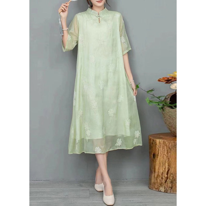 New Light Green Stand Collar Embroidered Linen Dress Half Sleeve