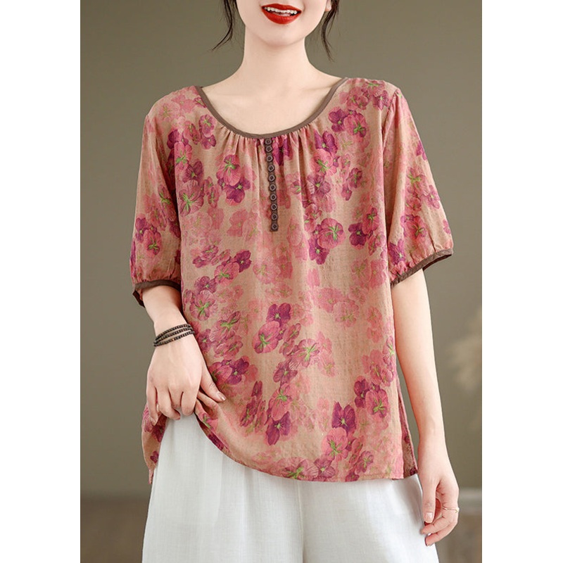 New Pink O Neck Print Button Linen Top Summer