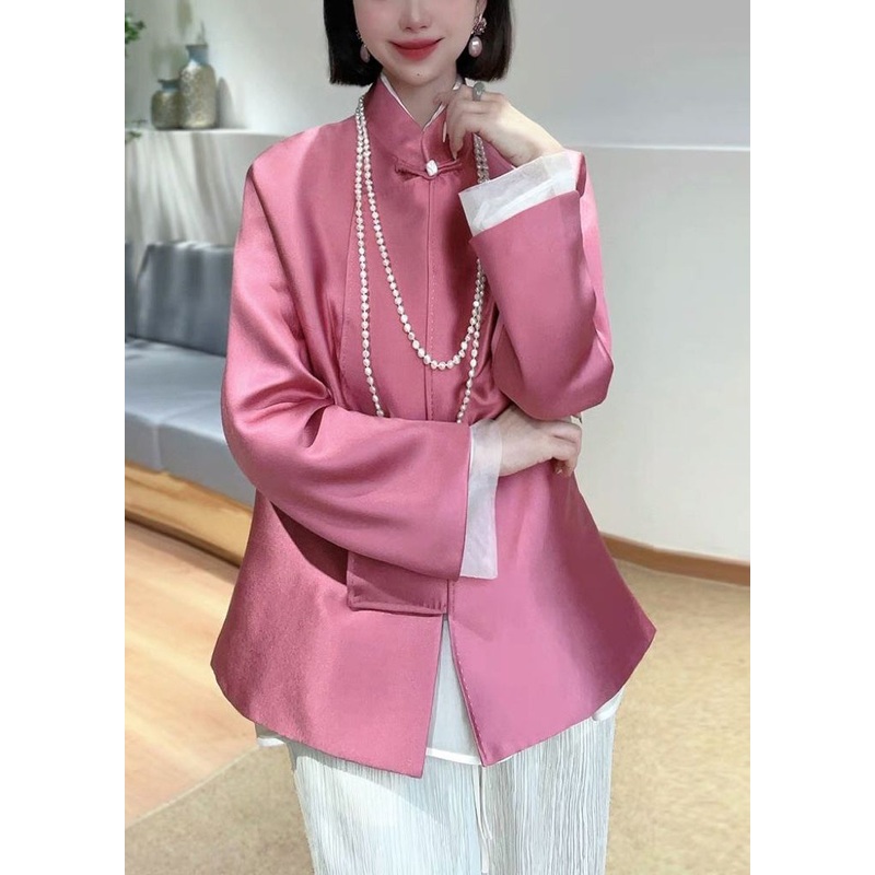 New Pink Stand Collar Button Patchwork Silk Coats Spring