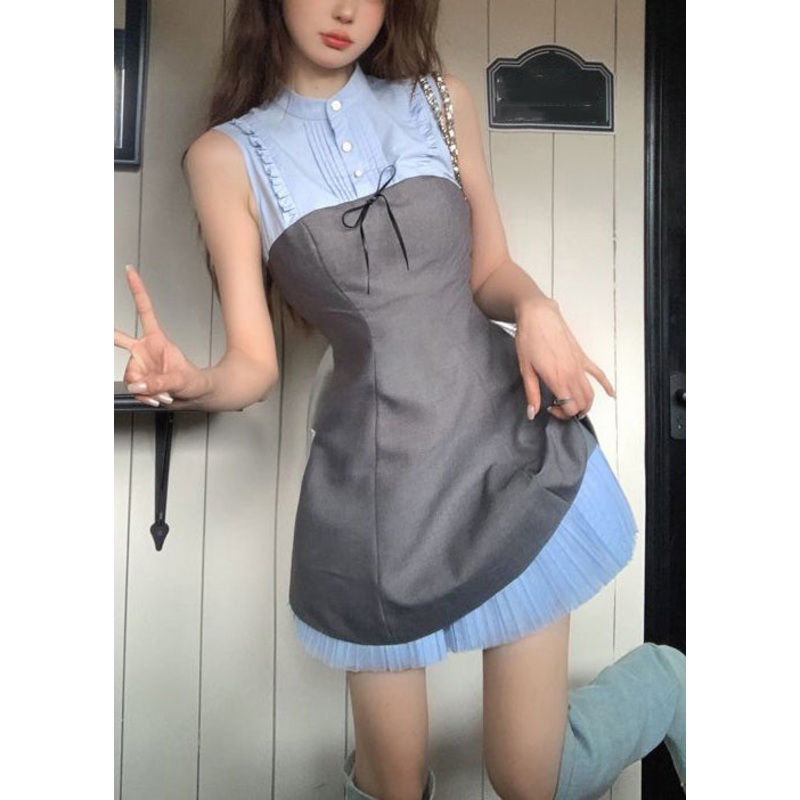 Novelty Blue Ruffled Button Patchwork Cotton Mid Dress Sleeveless